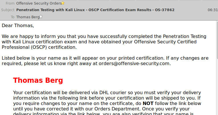 Mail from OSCP confirming I've got the certification