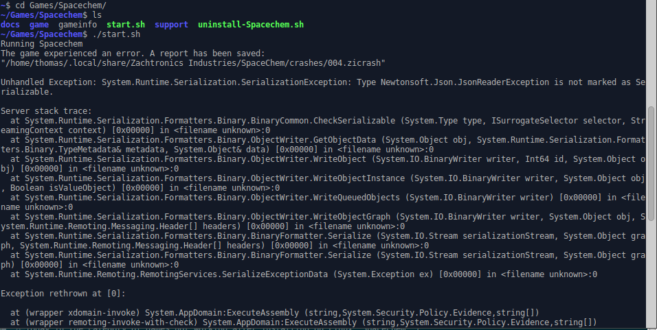 Bash shell session where I run Spacechem's ./start.sh and it fails on a SerializationException