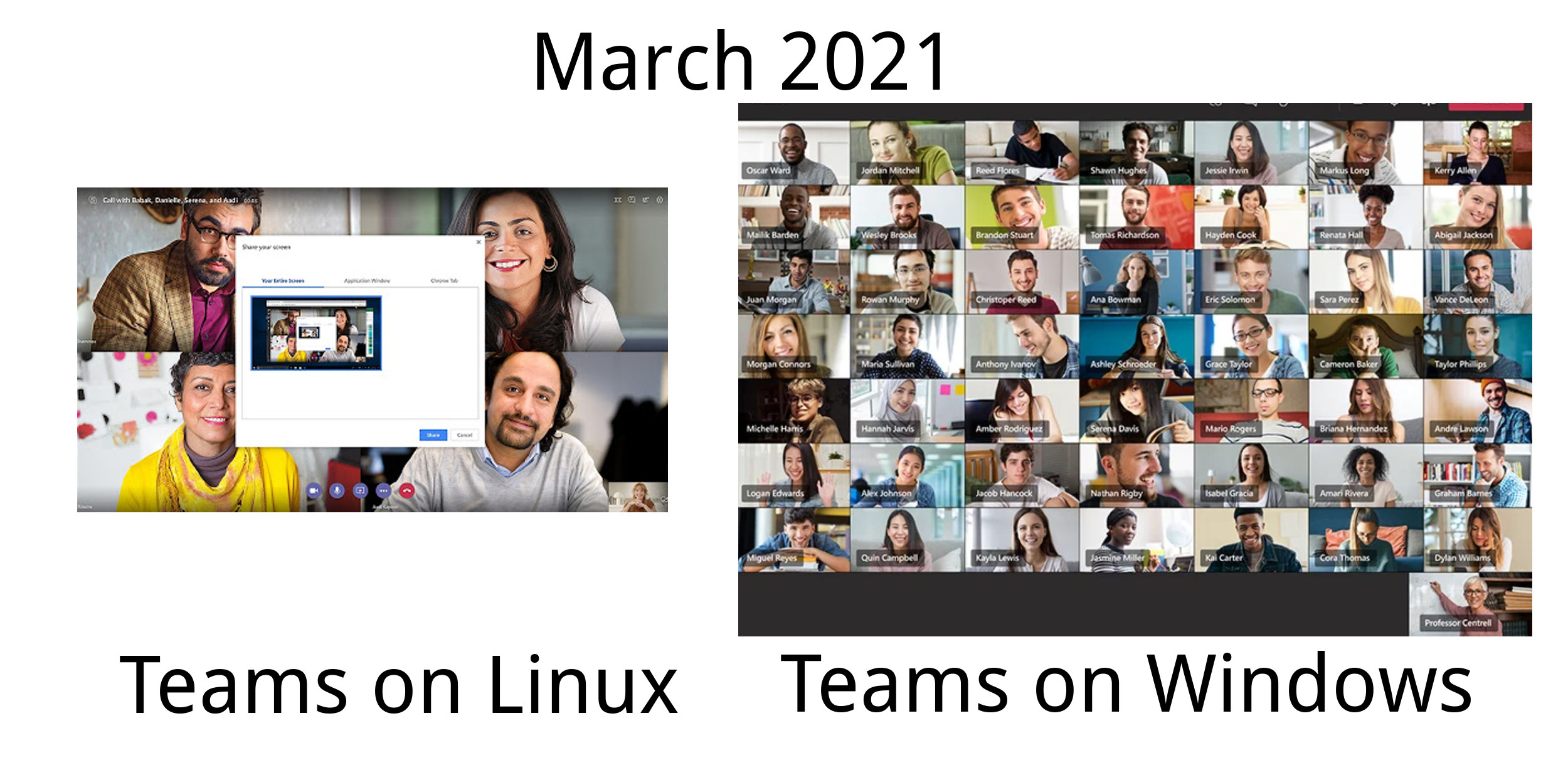 Comparison of Teams for Linux and Windows in March 2021: Linux only allowing a 4 person view while Windows allows up to 49 participants to be viewed.
