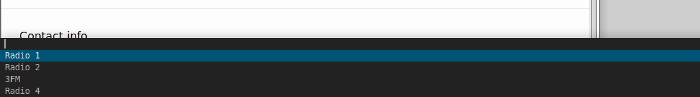 screenshot of dmenu running with radio stations from example radio.m3u, from the tradio script.