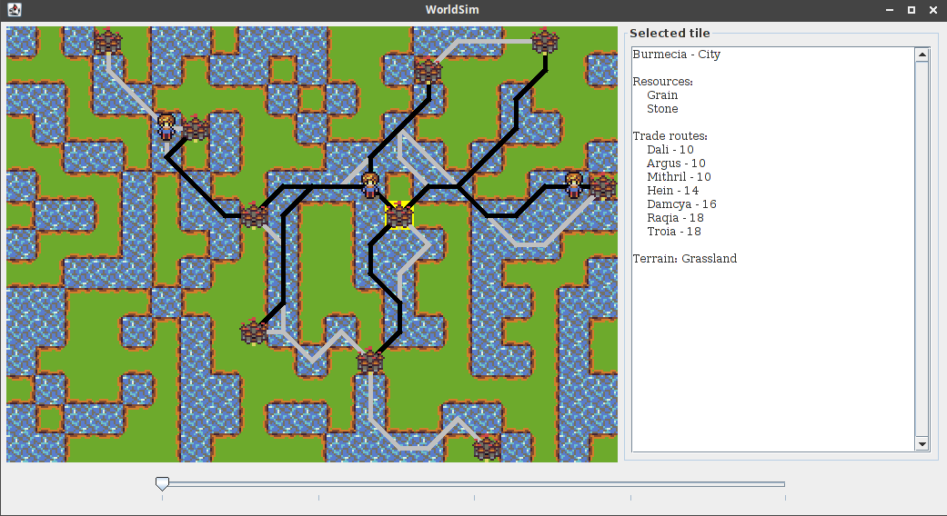 Screenshot showing the city Burmecia with its trade routes and some swimming traders