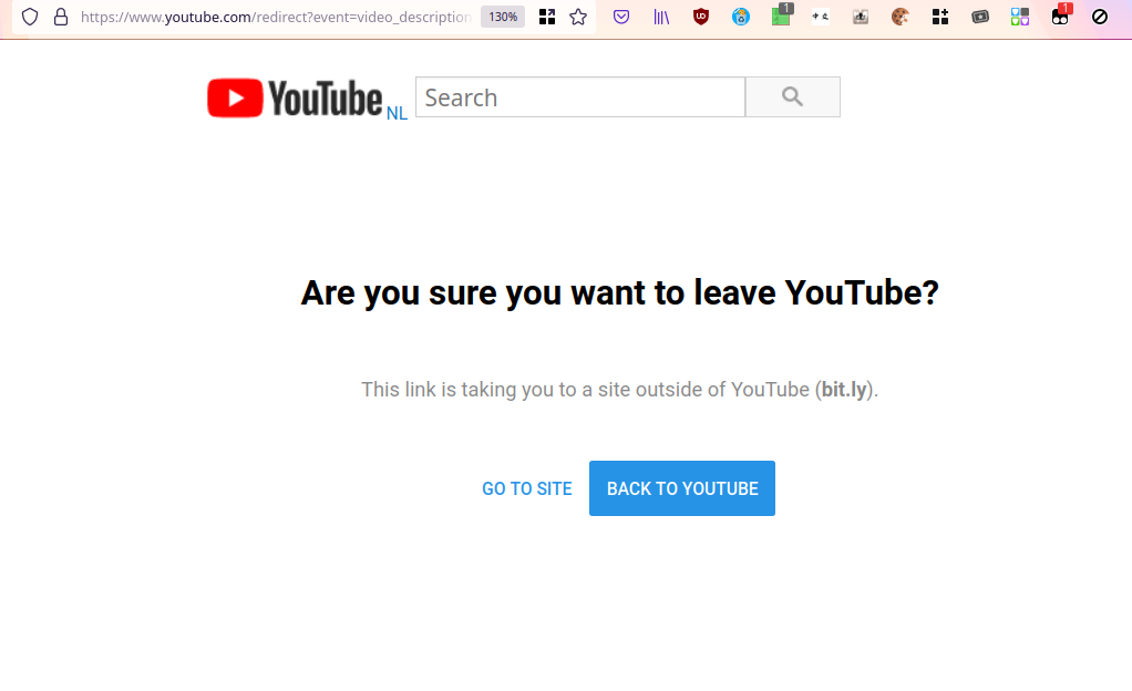 YouTube page containing the text "Are you sure you want to leave YouTube? This link is taking you to a site outside of YouTube (bit.ly)"